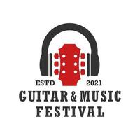 logotipo de música de guitarra e festival. guitarra, fones de ouvido, conceito de logotipo vintage vetor