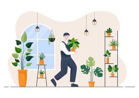 loja de flores e loja de plantas com cuidados de floristas, produtos naturais orgânicos para decoração verde de jardim em casa ilustração vetorial de fundo plano vetor