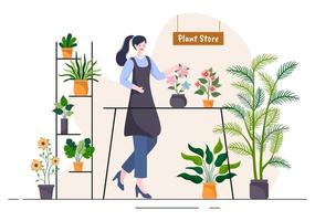 loja de flores e loja de plantas com cuidados de floristas, produtos naturais orgânicos para decoração verde de jardim em casa ilustração vetorial de fundo plano vetor