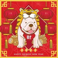 bonito buldogue francês buldogue francês vestindo fantasia de tigre com dinheiro e lanterna vermelha para comemorar o ano novo chinês vetor