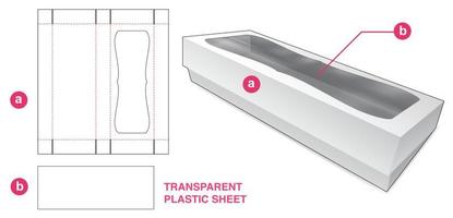 embalagem longa de padaria de papelão com janela e modelo de corte e vinco de folha de plástico transparente vetor