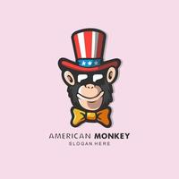 ilustração de macaco usando óculos e chapéu americano, vetor de design de logotipo de mascote