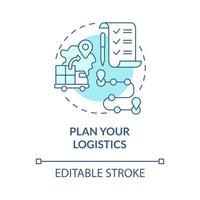 planeje seu ícone de conceito azul turquesa de logística. transporte de distribuição. selecionando mercadorias que enviam ilustração de linha fina de ideia abstrata. desenho de cor de contorno isolado de vetor. traço editável vetor