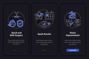 prós da tela da página do aplicativo móvel de integração preta da cirurgia ocular a laser. tratamento passo a passo 3 passos instruções gráficas com conceitos. modelo de vetor ui, ux, gui com ilustrações de modo noturno linear