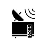ícone de glifo preto de televisão por satélite. antena parabólica recebendo sinal de tv. conexão de rede global de telecomunicações. símbolo de silhueta no espaço em branco. ilustração vetorial isolada vetor