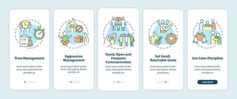 dicas dos pais para a tela da página do aplicativo móvel de integração do TDAH. passo a passo de gerenciamento de tempo 5 passos instruções gráficas com conceitos. modelo de vetor ui, ux, gui com ilustrações coloridas lineares