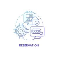 ícone de conceito gradiente azul reserva. serviço de reserva. módulo de ilustração de linha fina de idéia abstrata de gerenciamento de propriedade. desenho de contorno isolado. roboto-medium, inúmeras fontes pró-negrito usadas vetor