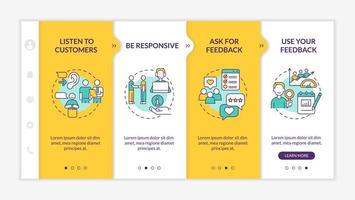 modelo de integração amarelo de suporte ao cliente. boa assistência para o cliente. site móvel responsivo com ícones de conceito linear. passo a passo da página da web telas de 4 etapas. fontes regulares em negrito usadas vetor