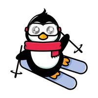 design de mascote de esqui pinguim fofo vetor