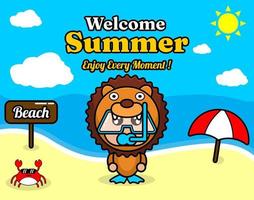 praia de verão e design de fundo de areia com texto aproveite cada momento e placa de elemento de verão que diz praia, caranguejo e guarda-chuva, com fantasia de mascote de leão vestindo um senorkel vetor