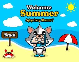 praia de verão e design de fundo de areia com texto aproveite cada momento e placa de elemento de verão que diz praia, caranguejo e guarda-chuva, com fantasia de mascote animal gato vestindo um senorkel vetor
