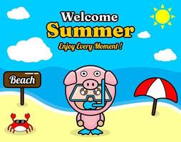 design de fundo de praia e areia de verão com texto aproveite cada momento e placa de elemento de verão que diz praia, caranguejo e guarda-chuva, com fantasia de mascote de porco usando um senorkel vetor