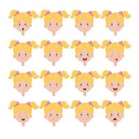 conjunto de emoções diferentes de uma garota. cartaz para o desenvolvimento da inteligência emocional em crianças. expressões faciais do rosto da criança
