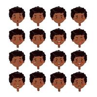 ilustração dos desenhos animados de menino afro-americano. conjunto de emoções de crianças negras. expressão facial. avatar de menino dos desenhos animados. ilustração vetorial de personagem de desenho animado infantil