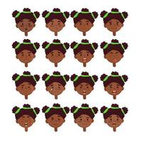 ilustração dos desenhos animados da garota afro-americana. conjunto de emoções de crianças negras. expressão facial. avatar de garota dos desenhos animados. ilustração vetorial de personagem de desenho animado infantil vetor