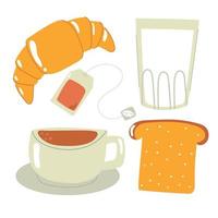 conjunto de elementos de café da manhã, xícara de café ou chá, fatia de pão, copo de leite, croissant. ilustração plana. vetor