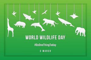 dia mundial da vida selvagem em design de estilo de corte de papel com corte de papel de animais pendurados vetor