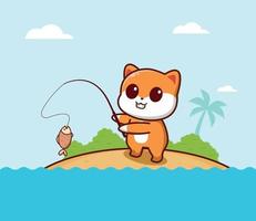 desenho animado gato bonito pescando no mar vetor