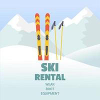 modelo de aluguel de esqui. montanhas, esqui e pólos de esqui. esporte de inverno vetor