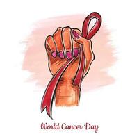 linda mão com fita de fundo do dia mundial do câncer vetor