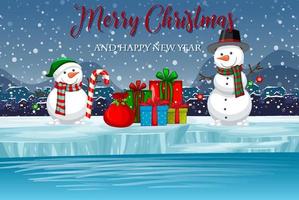cartaz de feliz natal com noite de neve e boneco de neve sorridente vetor
