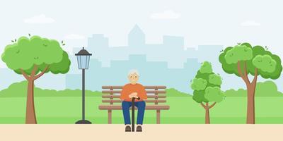 sorrindo velho sentado em um banco em um parque da cidade. ilustração em vetor de um homem com uma bengala.
