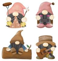 gnomos em aquarela desenhados à mão acampando com binóculos de guitarra, bife de lenha e marshmallow vetor