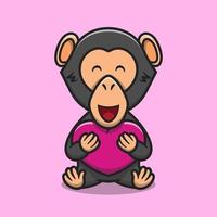 chimpanzé fofo abraçando ilustração de ícone de desenho animado de coração de amor vetor