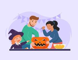 ilustração vetorial feliz dia das bruxas doces ou travessuras famílias decoram abóboras para o halloween. vetor