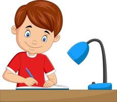 desenho animado garotinho estudando em cima da mesa