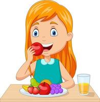 menina comendo frutas na mesa vetor