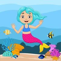 desenho animado pequena sereia no mundo subaquático vetor