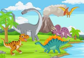 grupo de dinossauros engraçados na selva vetor