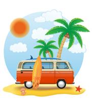 minivan retrô com uma prancha de surf na ilustração vetorial de praia vetor
