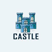 torre original do castelo e silhueta da torre, castelo medieval azul com janelas iluminadas, ícone do logotipo, ilustração vetorial vetor