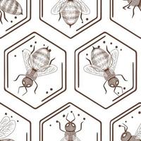 sem costura padrão com abelhas desenhadas à mão no favo de mel. vetor