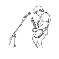estrela do rock de arte de linha com guitarra elétrica e microfone ilustração vetorial desenhado à mão isolado no fundo branco vetor