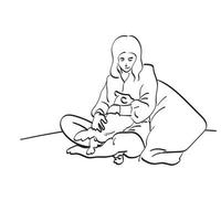 jovem mulher atraente abraçando seu cão fofo ilustração vetorial mão desenhada isolado na arte de linha de fundo branco. vetor
