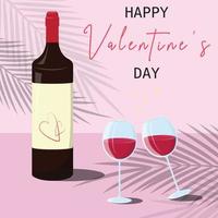 garrafa de vinho e copos no fundo tropical rosa. ilustração do dia dos namorados feliz. vetor
