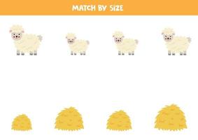 jogo de correspondência para crianças pré-escolares. combinar ovelhas e pilha de feno por tamanho. vetor
