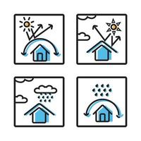 ícone proteger o edifício ou a casa do clima extremo, chuvoso e solar térmico, vetor de design de símbolo, coleção definida