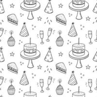 padrão perfeito com bolos festivos com velas, chapéus de festa e champanhe. ilustração vetorial desenhada à mão em estilo doodle perfeito para desenhos de aniversário, papel de embrulho, cartões, convites, decorações vetor
