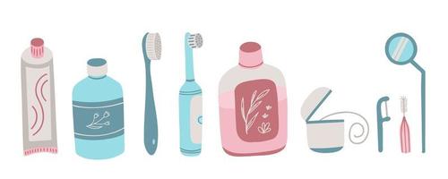 conjunto de higiene bucal, símbolos de atendimento odontológico, escova de dente, pasta de dente, fio dental. ilustração para fundos, capas, cartazes, adesivos, têxteis, design sazonal. isolado no fundo branco.