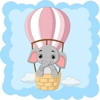 elefante bebê dos desenhos animados, montando um balão de ar quente vetor