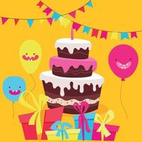 design de cartão de aniversário em fundo amarelo para aniversário. bolo de chocolate com vela, presentes coloridos e balões. ilustração vetorial para evento vetor