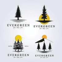 conjunto e pacote de evergreen, floresta, logotipo de floresta de aventura lago ribeirinha ilustração vetorial riacho silhueta coleção de pacote de design de símbolo vintage vetor