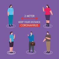 distanciamento social, pare o coronavírus a dois metros de distância, mantenha distância na sociedade pública para proteger as pessoas do covid 19, pessoas usando máscara médica contra coronavírus vetor