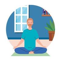 fique em casa, fique seguro, homem meditando, meditação yoga relaxe, durante o coronavírus covid 19, fique em casa em quarentena, tenha cuidado