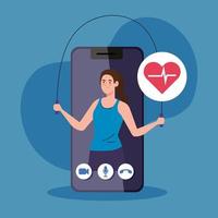 fitness, app de treino e treino, mulher a praticar desporto em smartphone, desporto online vetor