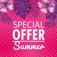 oferta especial verão, banner com flores e folhas tropicais, banner floral exótico vetor